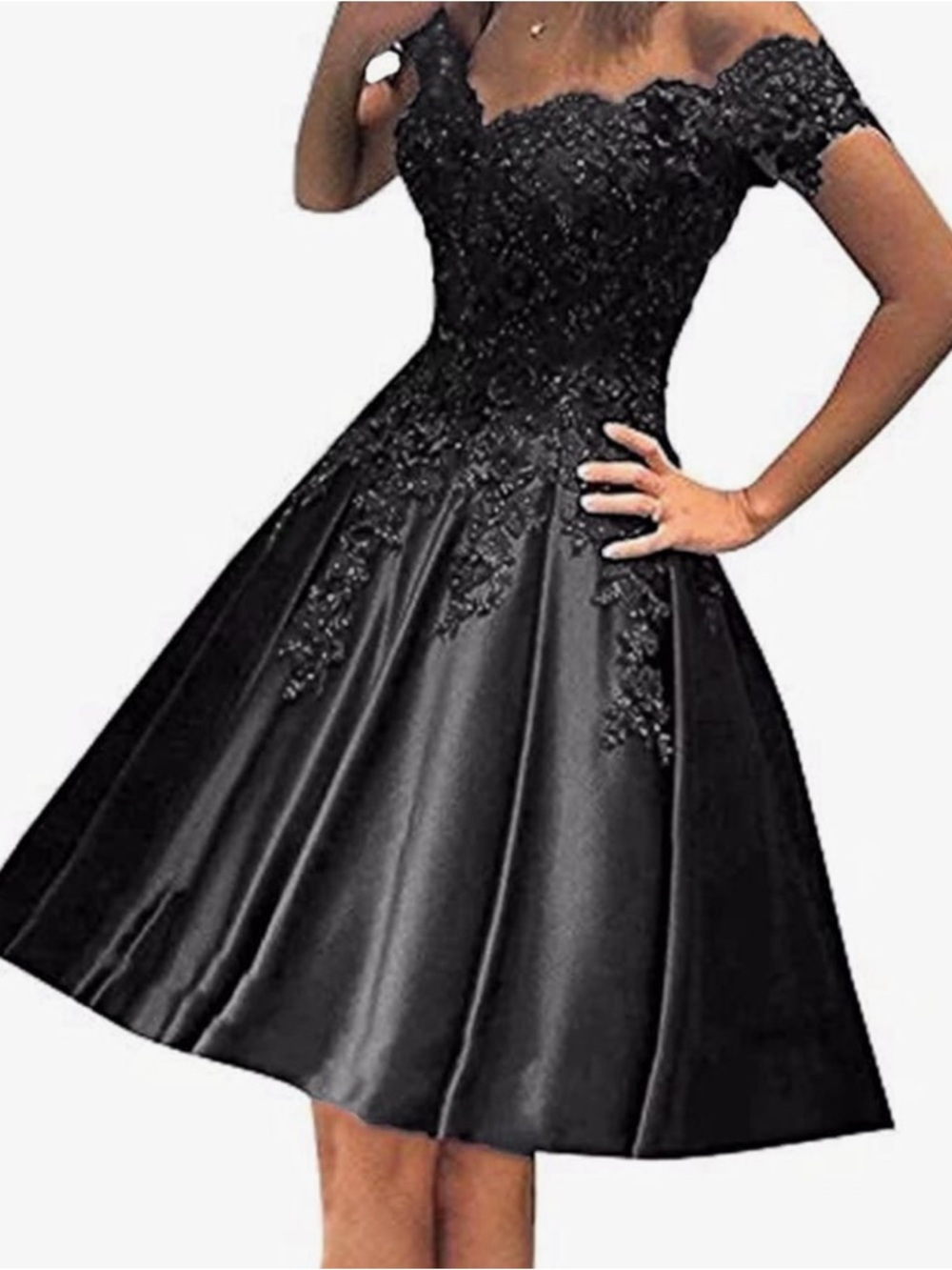Elegant Black off Shoulder Lace Appliqué Cocktail Dress. Lined, corset in back🖤